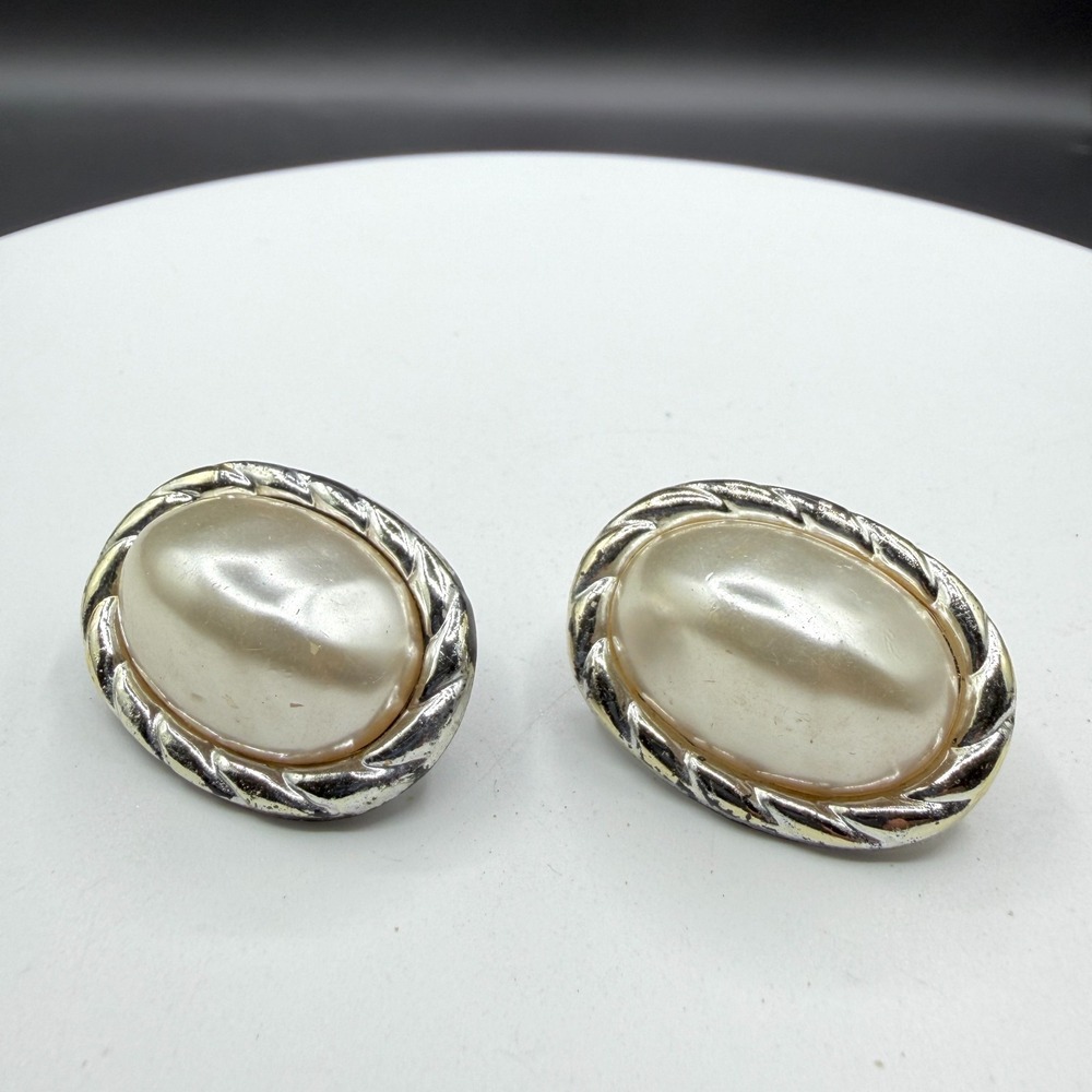 Faux Pearl Oval Stud Earrings Silver Tone Rope Frame Statement Classic Glam Gift